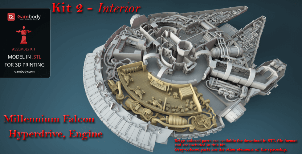 3D model kit of Millennium Falcon's interior, showing detailed hyperdrive engine parts.