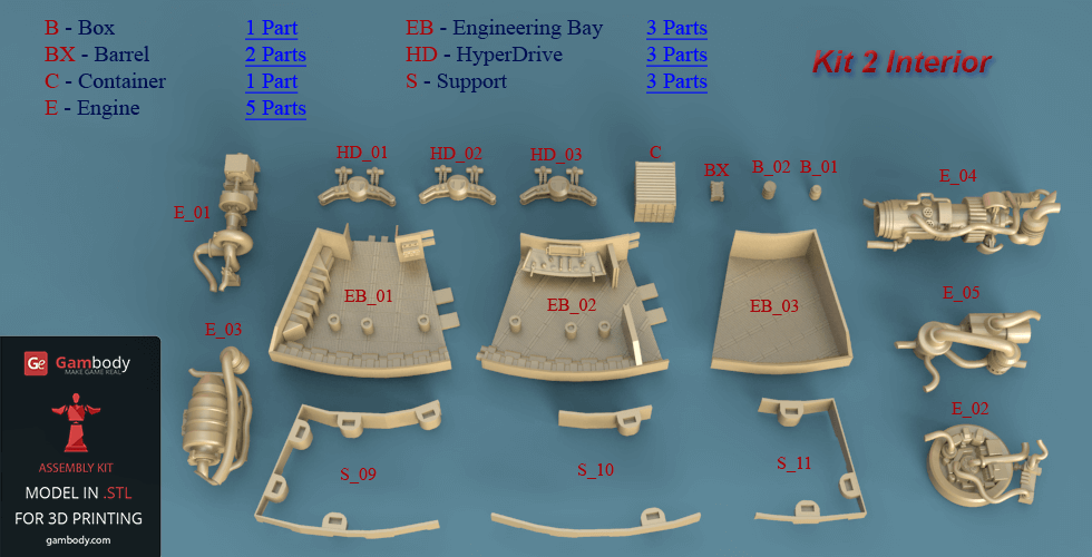 3D model parts for Millennium Falcon interior, including engines, bays, and supports, labeled for assembly.