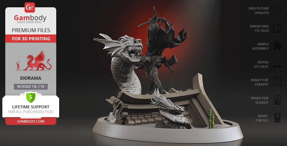 Batman Ninja battles a dragon-like Joker on a rooftop diorama, ready for 3D printing.
