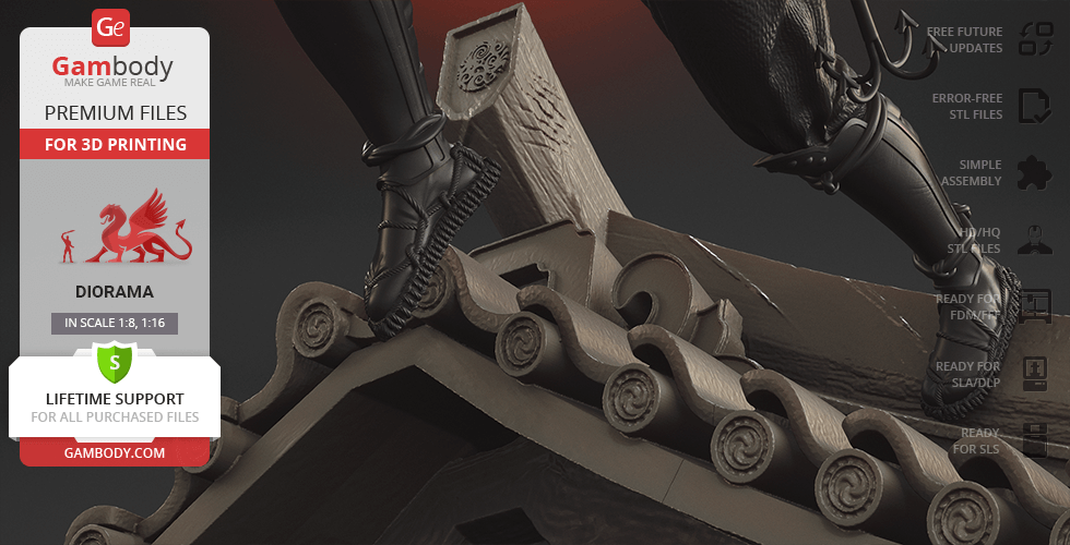 Close-up of a diorama showcasing detailed rooftop elements and a character's boots, designed for 3D printing.