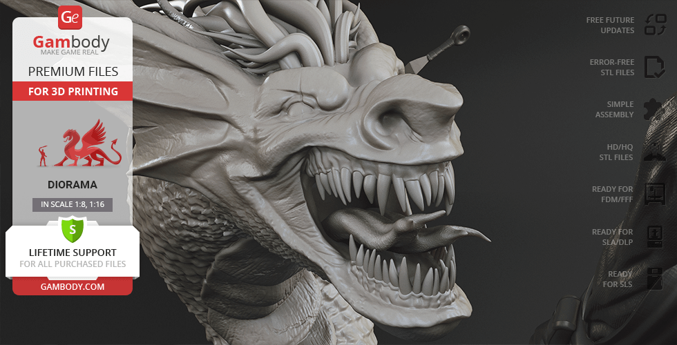 A detailed 3D model of a fierce dragon head, part of the Batman Ninja vs Joker Dragon diorama.