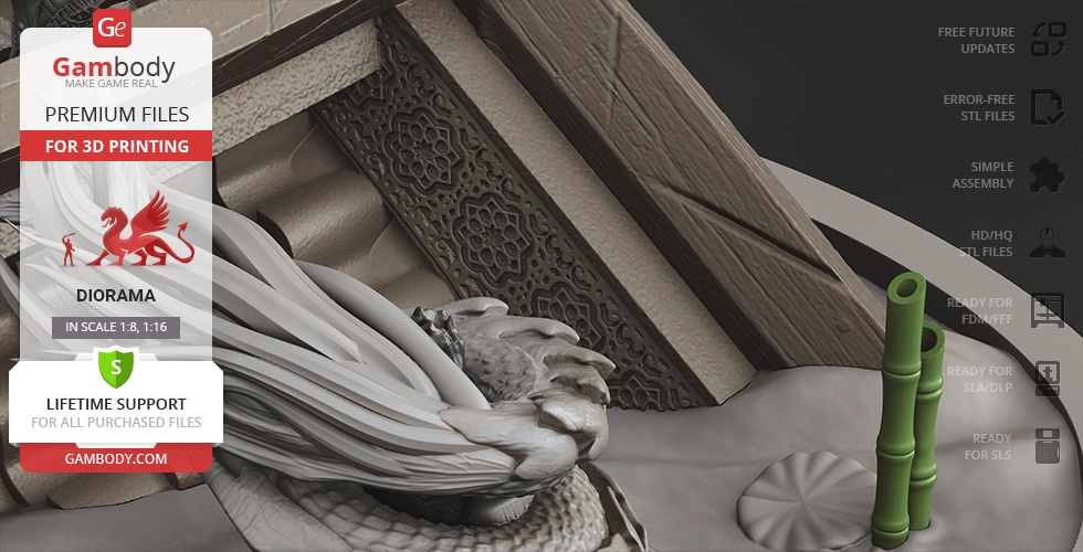 Detailed 3D diorama of Batman Ninja versus Joker Dragon with architectural elements.