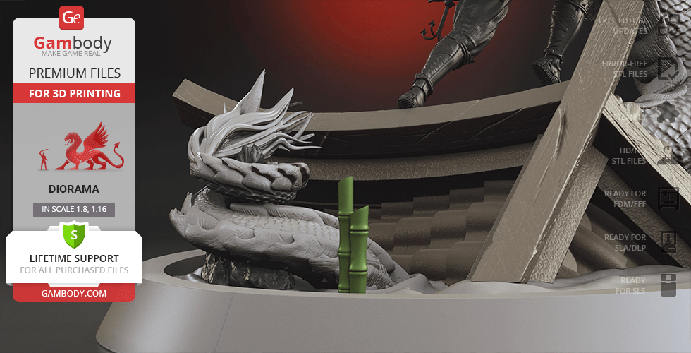 A detailed diorama of Batman Ninja battling a dragon amid intricate architectural elements.