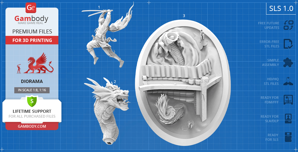 A dynamic diorama model featuring a ninja character in mid-action against a dragon, set on a detailed base.