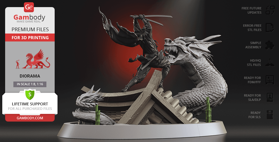 Batman poised against a dragon on a dynamic diorama, ready for 3D printing.