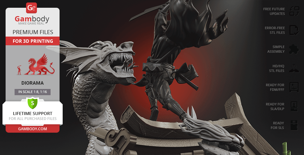 A dynamic diorama featuring Batman Ninja battling a fierce Joker Dragon.