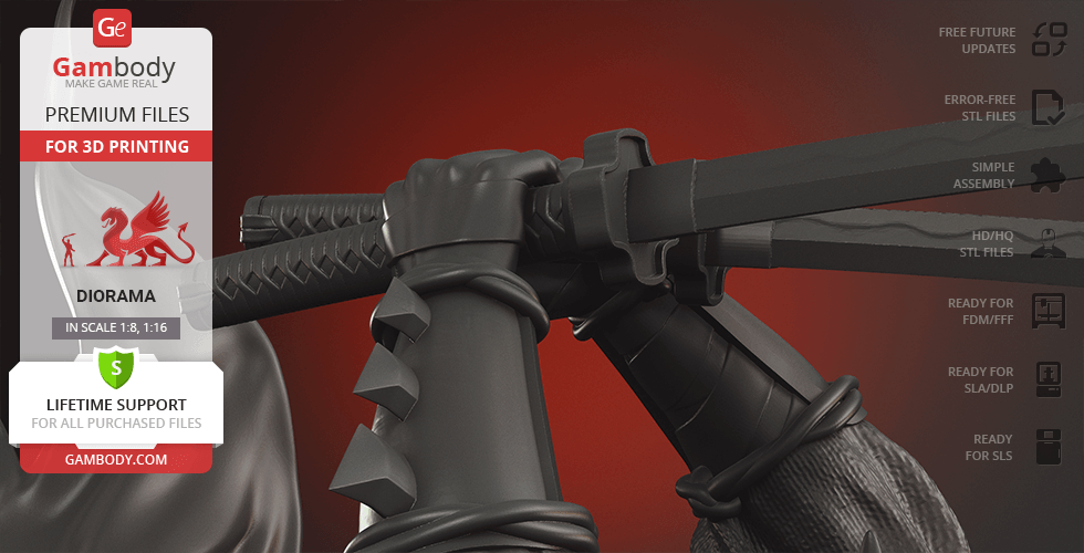 Close-up of gloved hands holding dual swords from a diorama model, promoted for 3D printing on Gambody.