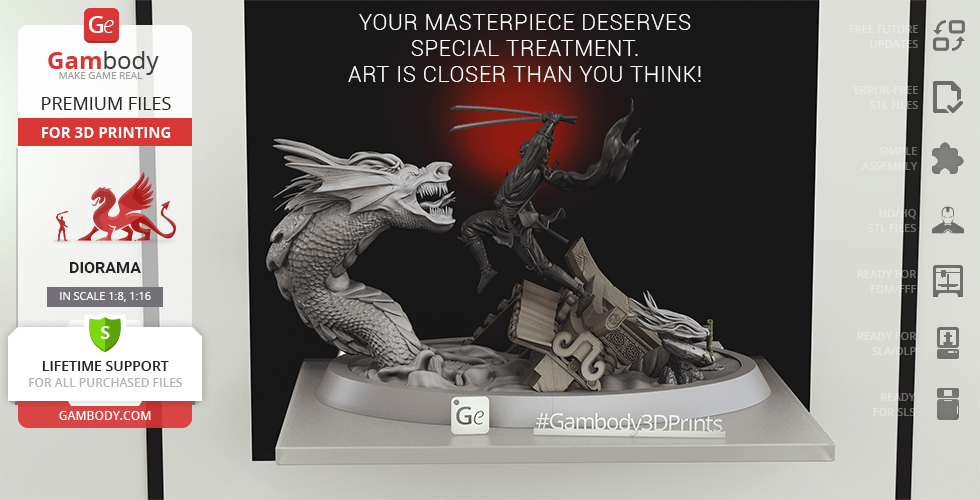 Batman Ninja battles Joker Dragon on detailed diorama for 3D printing.