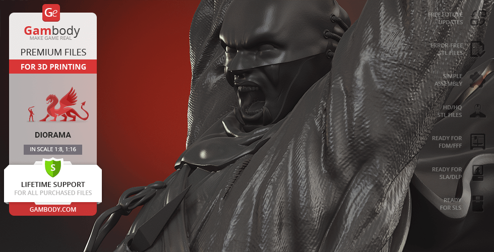 A detailed diorama of a dynamic ninja character sculpted for 3D printing.