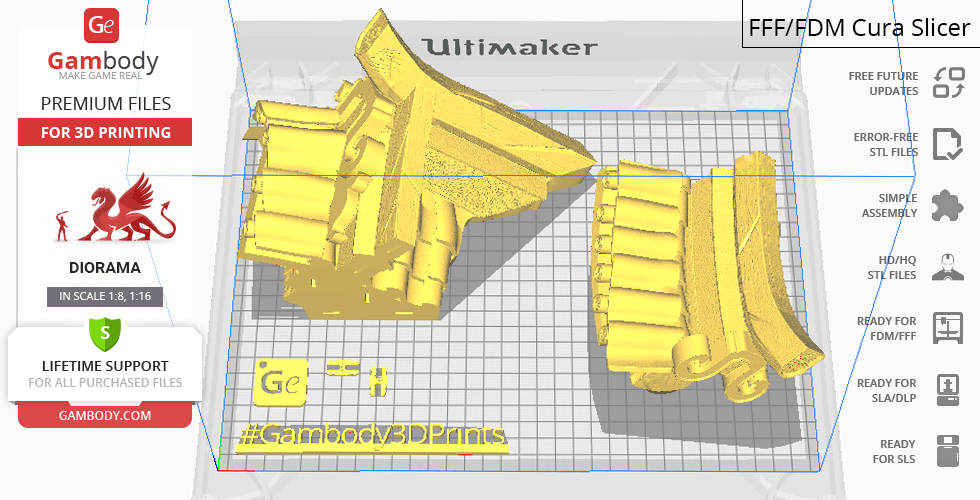 3D model parts of a diorama for printing, featuring detailed structural components on a grid.