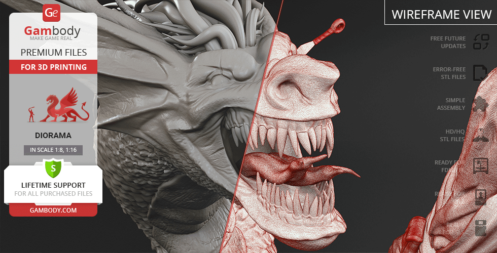 Diorama model showing Batman Ninja battling a Joker Dragon, highlighting detailed textures for 3D printing.