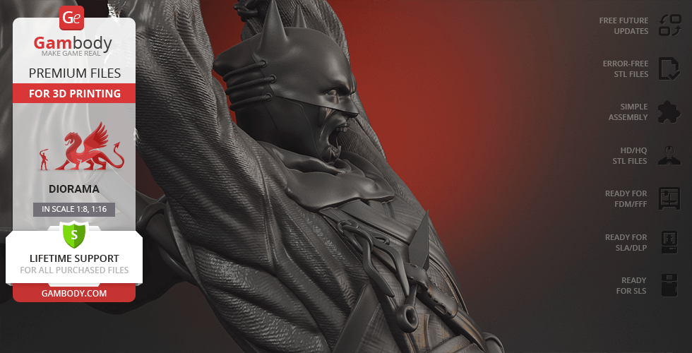 A detailed Batman figure in armor, posing dynamically against a red background.