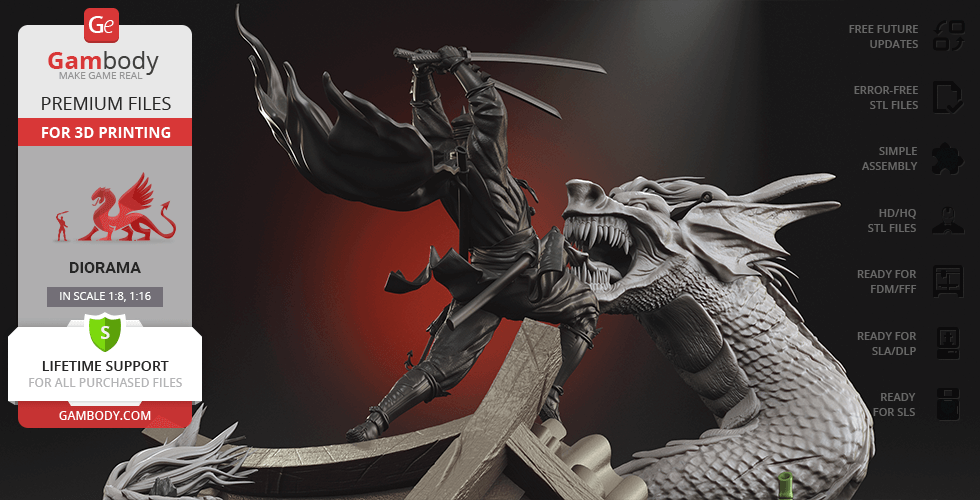 Hero in ninja attire battles dragon in dynamic pose on detailed diorama base.