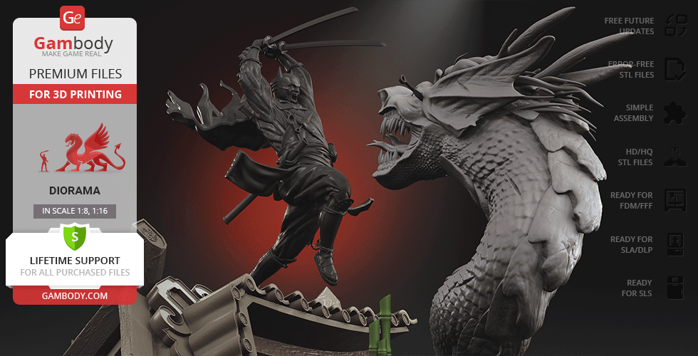 A dynamic diorama featuring Batman Ninja facing off against a fierce dragon resembling the Joker.