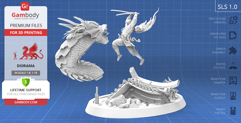 Diorama of Batman Ninja fighting a dragon-like Joker above a Japanese-style rooftop.