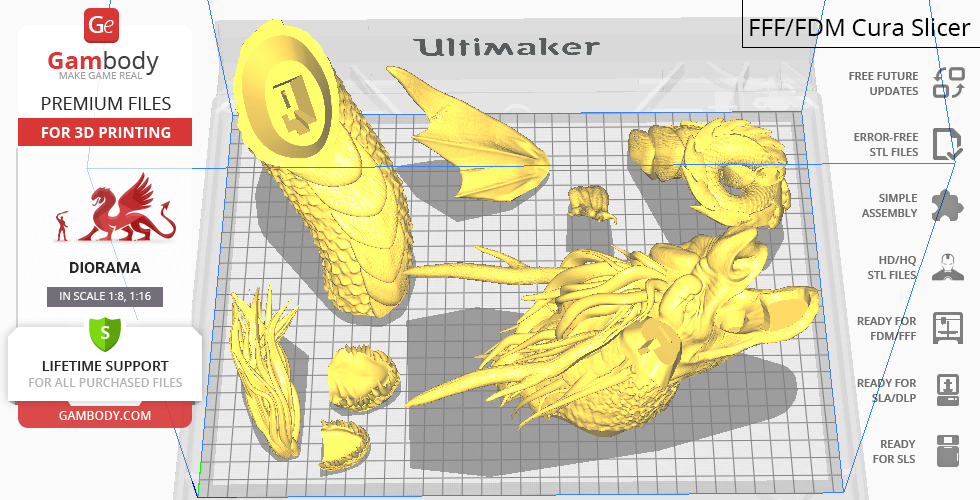 3D printable parts of a Batman Ninja vs Joker Dragon diorama arranged on a grid.