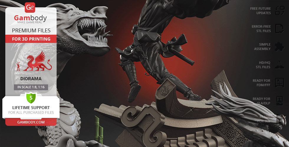 A dynamic diorama featuring a ninja-like figure battling a dragon with a clownish grin.