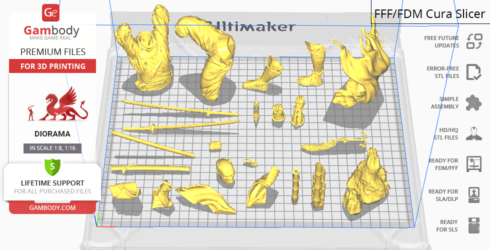 Yellow 3D print pieces of a Batman Ninja vs Joker Dragon diorama on a grid for Cura slicing.
