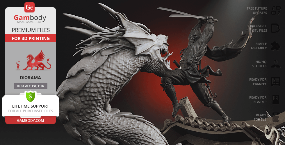 A dynamic diorama of Batman Ninja battling Joker Dragon, designed for 3D printing.