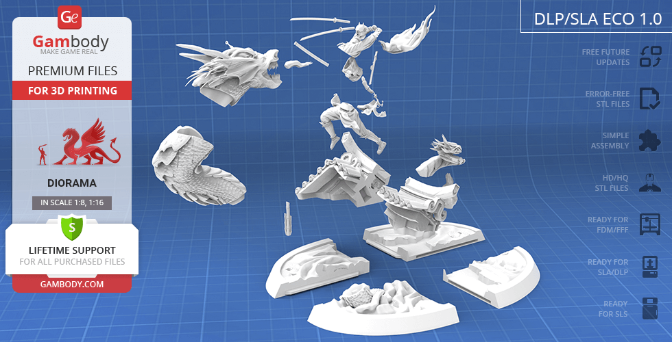 Diorama of Batman Ninja battling Joker Dragon, featuring detailed unassembled 3D printed parts.