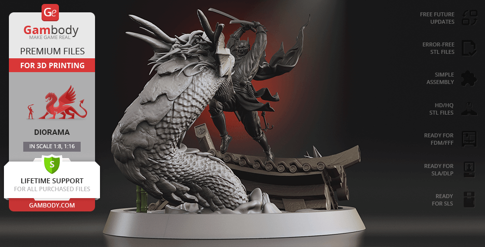 Batman Ninja battles Joker Dragon on a detailed diorama, ready for 3D printing.