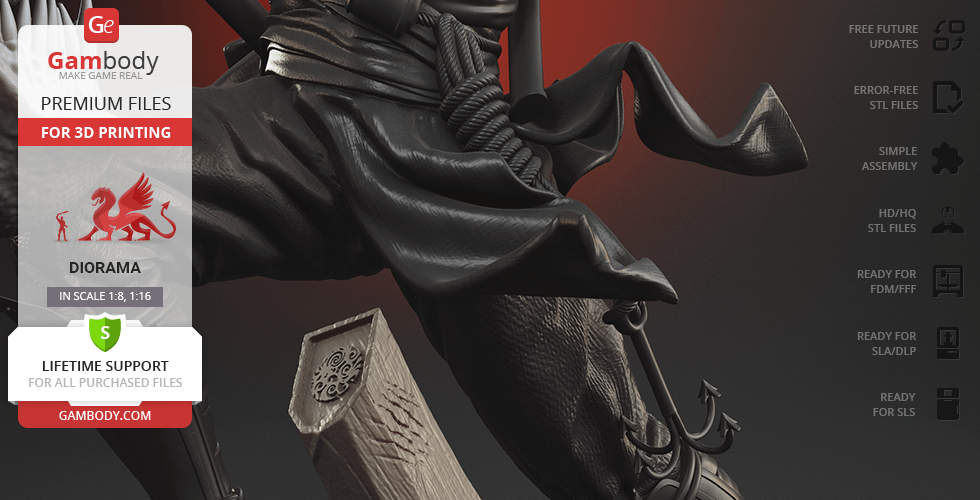 A detailed model of a ninja in dynamic pose with ornate textures, available for 3D printing.