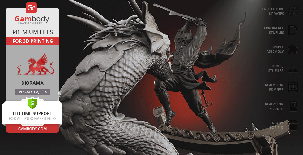 A detailed diorama of a ninja battling a dragon, created for 3D printing by Gambody.