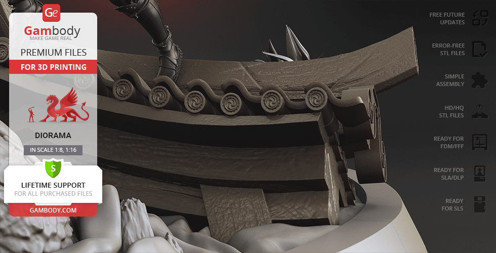 A detailed diorama base with traditional Japanese architectural elements for a Batman Ninja vs Joker Dragon scene.