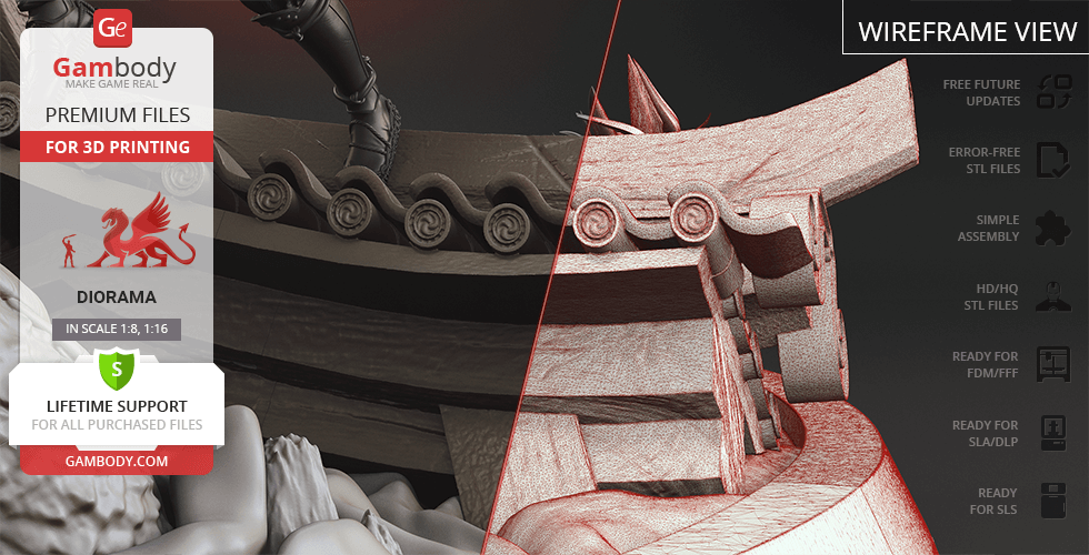 A detailed 3D model showing a diorama scene with architectural elements, prepared for printing.