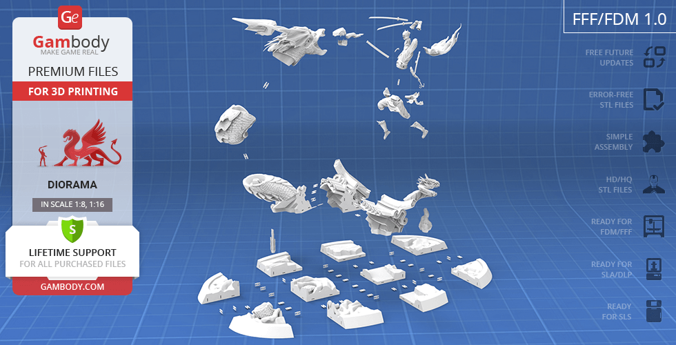 3D printed parts for a diorama featuring Batman Ninja and Joker Dragon, displayed on a grid background.