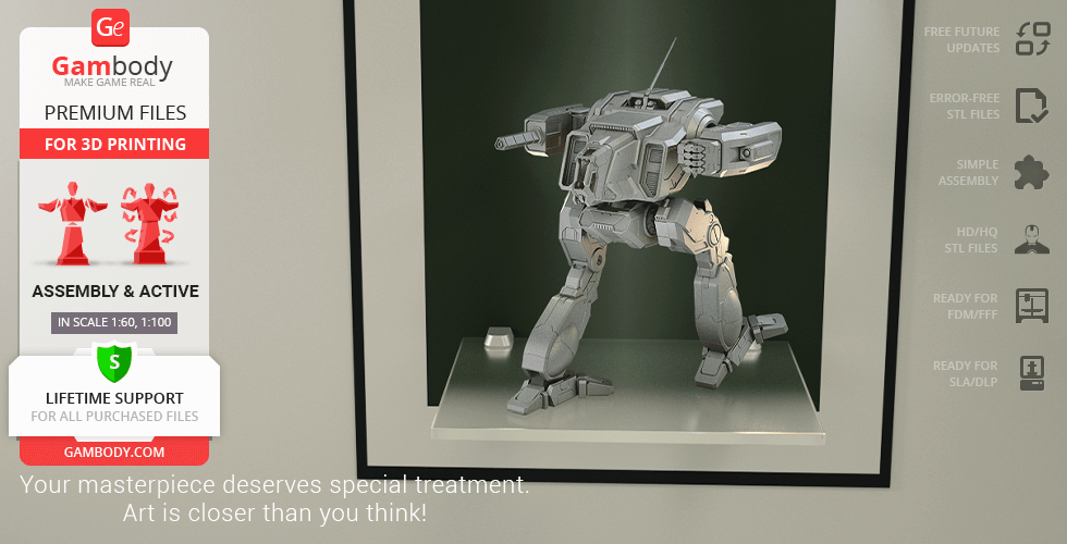 A detailed 3D model of the MWO Shadow Cat mech displayed on a platform, ready for 3D printing.
