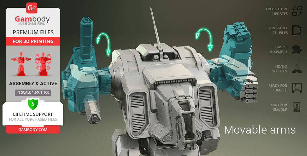 3D model of MWO Shadow Cat with movable arms, designed for 3D printing.
