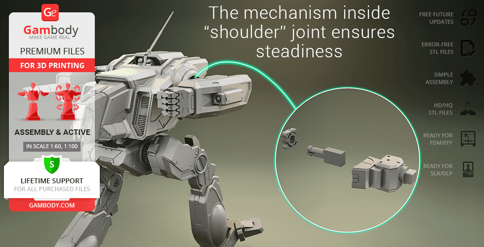 A 3D model of MWO Shadow Cat mecha with highlighted shoulder joint mechanism for stability.
