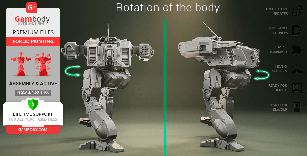A detailed 3D model of a mech robot’s body with a rotation feature, presented on a display stand.