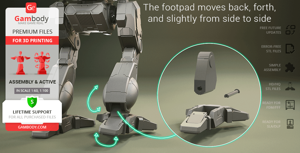 3D model of MWO Shadow Cat's leg with movable footpad, showing detailed assembly parts for 3D printing.