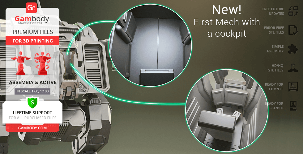3D model of a mech with a cockpit, available for printing. Includes assembly and support details.