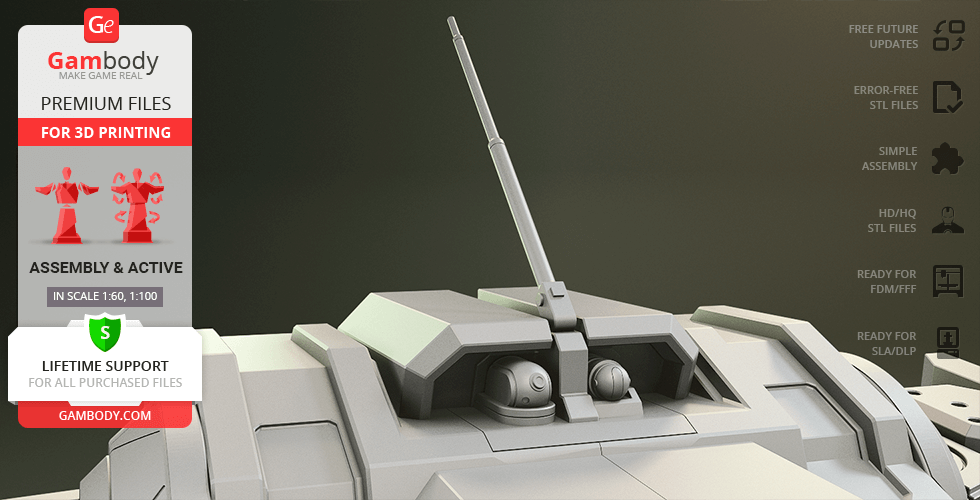 Detailed 3D model of a mechanized vehicle for 3D printing by Gambody, featuring a turret.