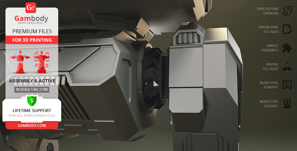 Close-up of a detailed mech robot part, highlighting intricate mechanical design for 3D printing.