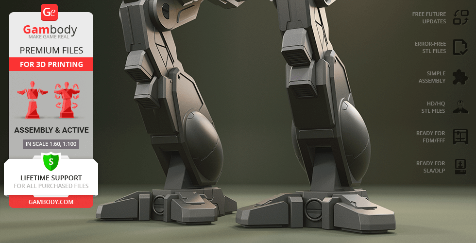 Close-up of the legs of a robotic mech model, designed for 3D printing, with detailed mechanical features.