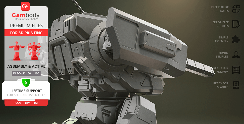A detailed, futuristic robotic mech model, ready for 3D printing, showing angular armor and weaponry.
