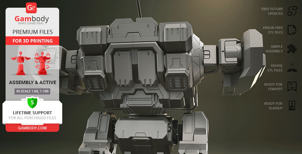 Futuristic robotic mech from video game, detailed for 3D printing, shown in gray and black tones.