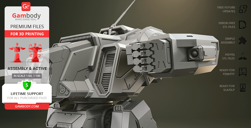 Futuristic mechanical robot with angular armor and weaponry, designed for 3D printing.
