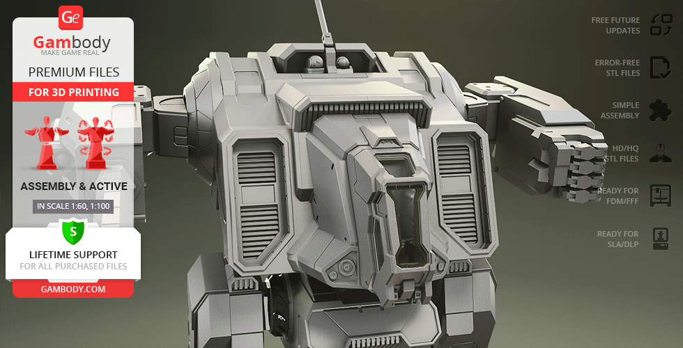A detailed 3D model of a mechanized robot, designed for 3D printing, by Gambody.