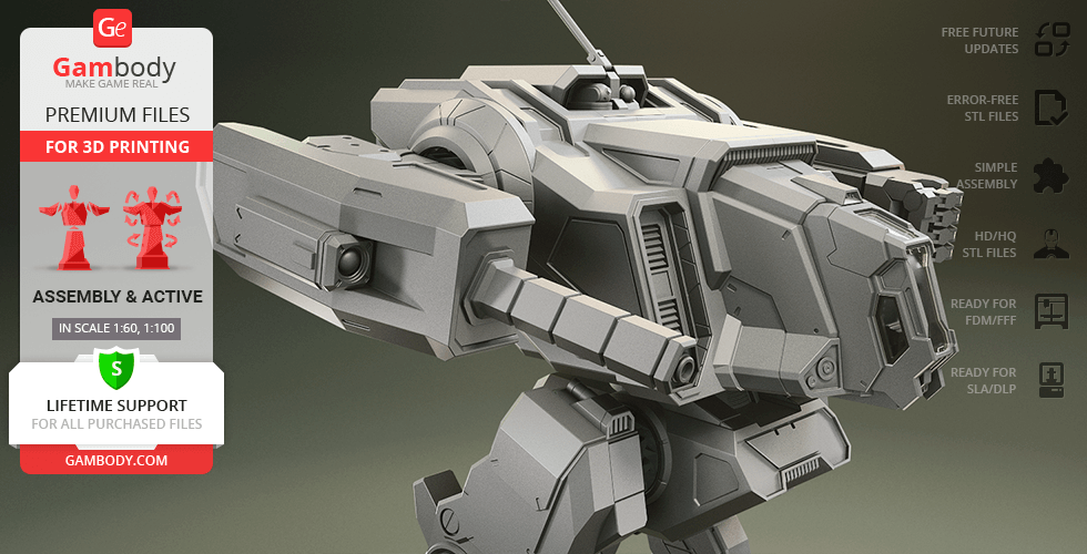 A futuristic, armored 3D model of a mech robot, designed for 3D printing, with detailed mechanical features.