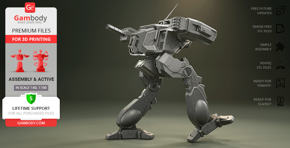 A detailed 3D model of a mech robot from MWO, ready for 3D printing, shown on a promotional banner.
