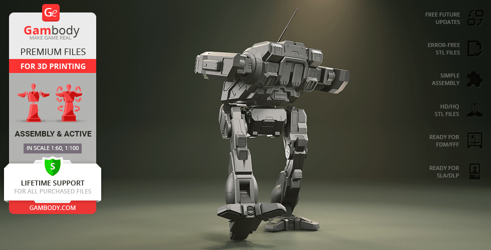 A detailed 3D model of a robotic mech for printing, featured from the back, with assembly information.