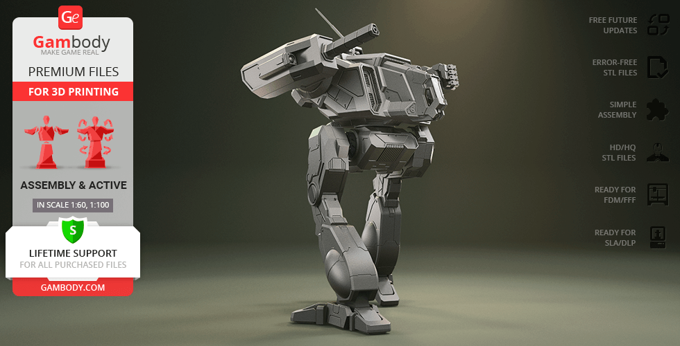 A detailed 3D model of a mech robot from MWO for 3D printing, shown in a dynamic pose.
