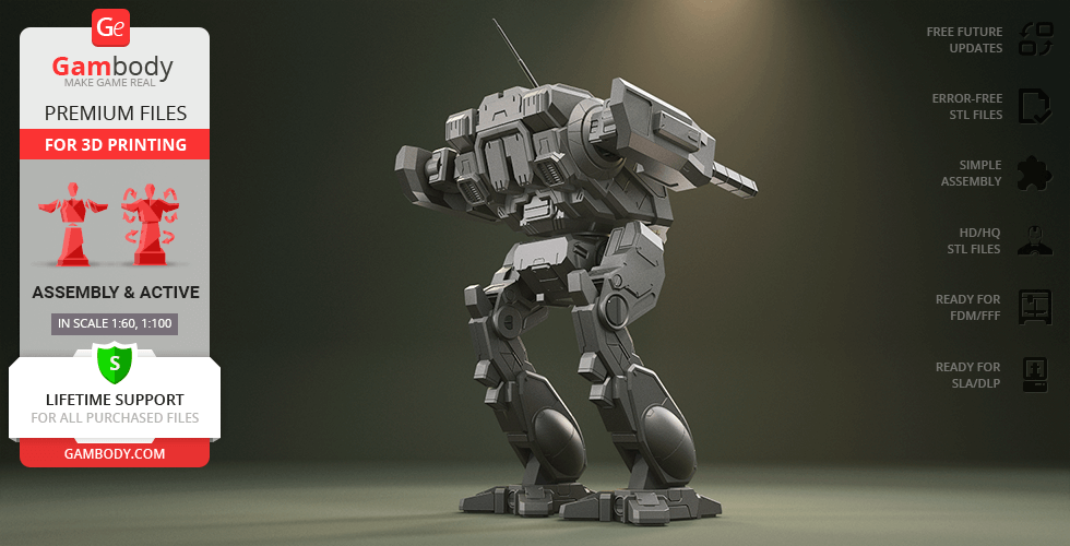 A detailed 3D model of the MWO Shadow Cat mech for 3D printing, shown with assembly and printing options.