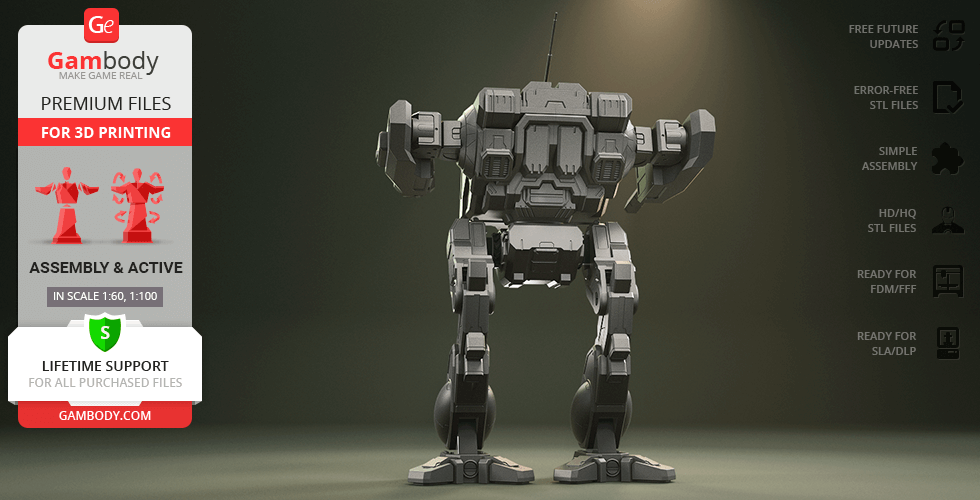 3D model of a humanoid robot with a mech suit, designed for 3D printing, shown from the back.