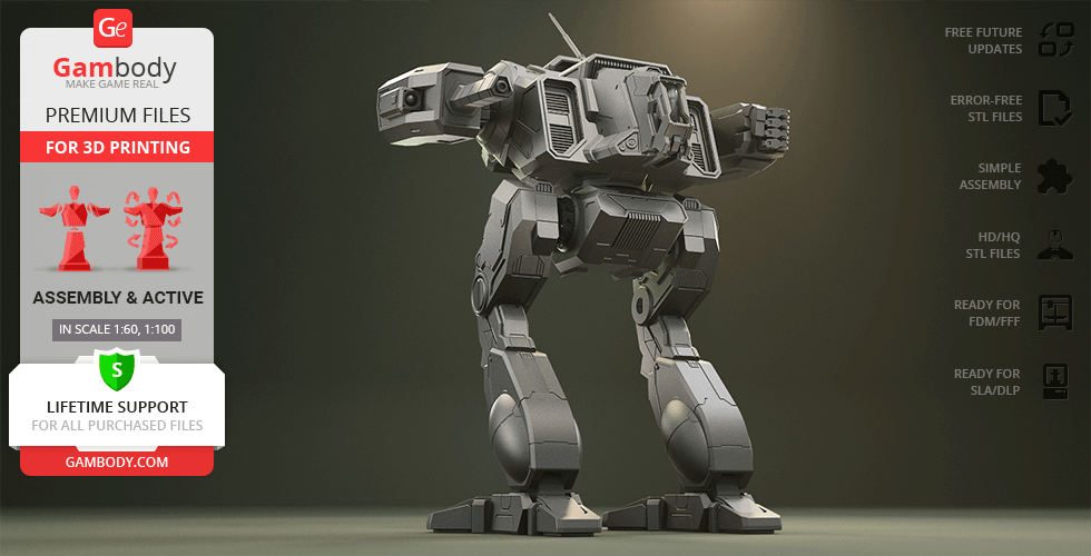 A 3D model of a robotic mech with angular armor, designed for 3D printing by Gambody.